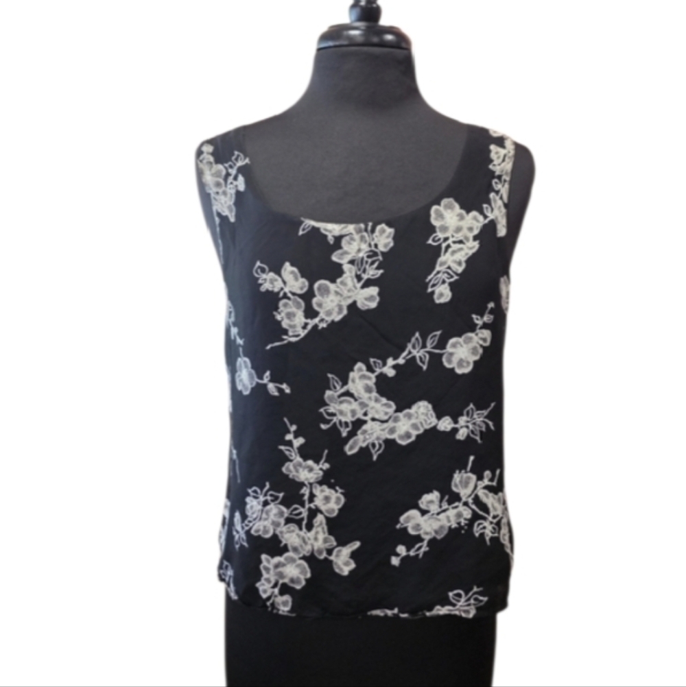 Whimsigoth 90s Vintage Top Benjamin A Black and Cream Floral Women's Tank